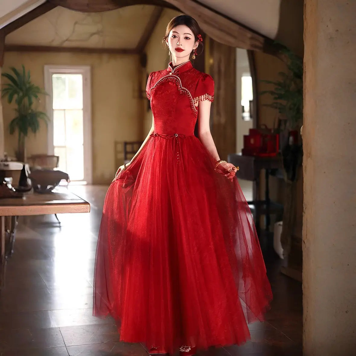 knee length dresses for ladies A-Line Floral-Embroidered Long Prom Dress
