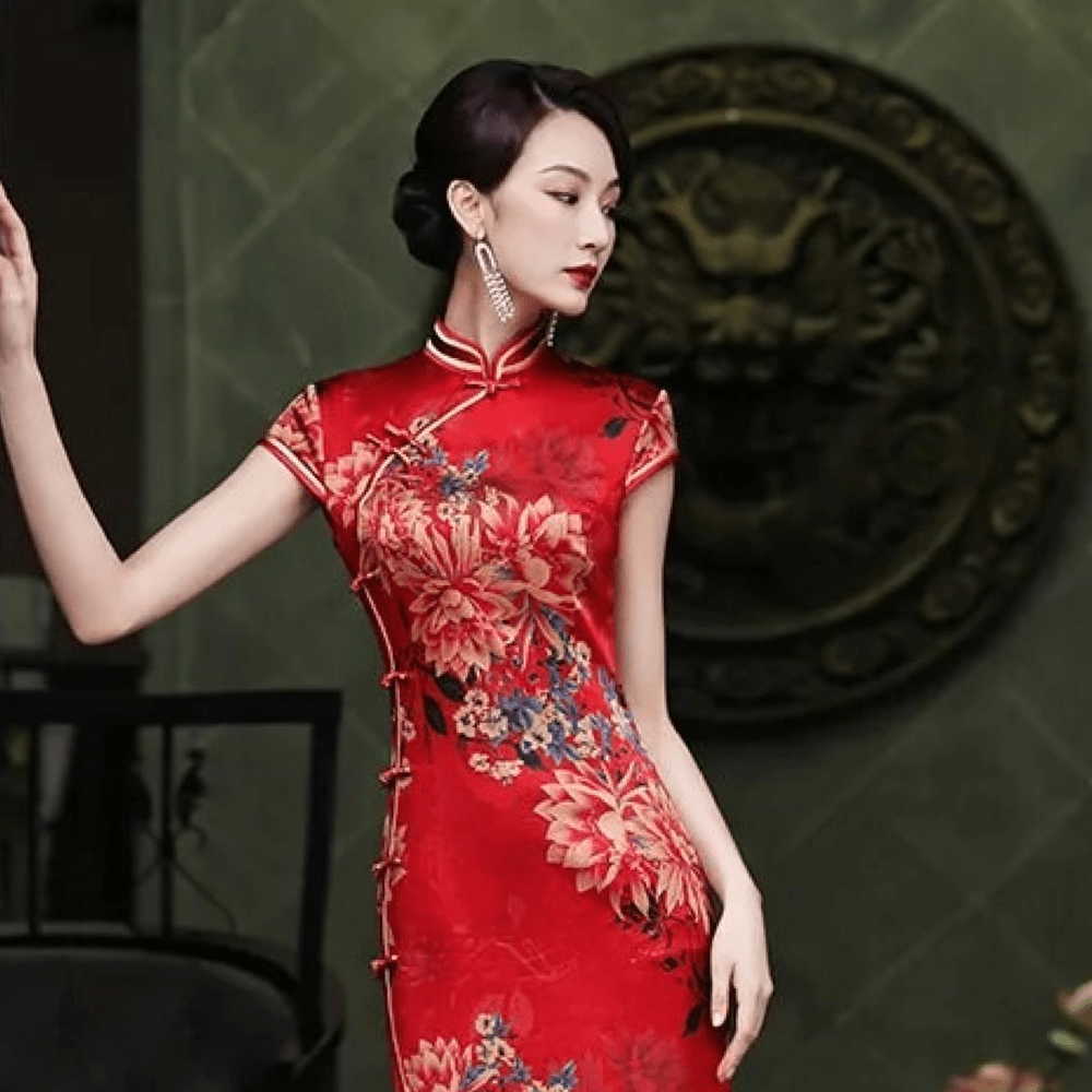 Dress Silk Qipao Red Silk Cheongsam Qipao Magnolia, 2XL Dress Silk Qipao Red Silk Cheongsam Qipao Magnolia, 2XL