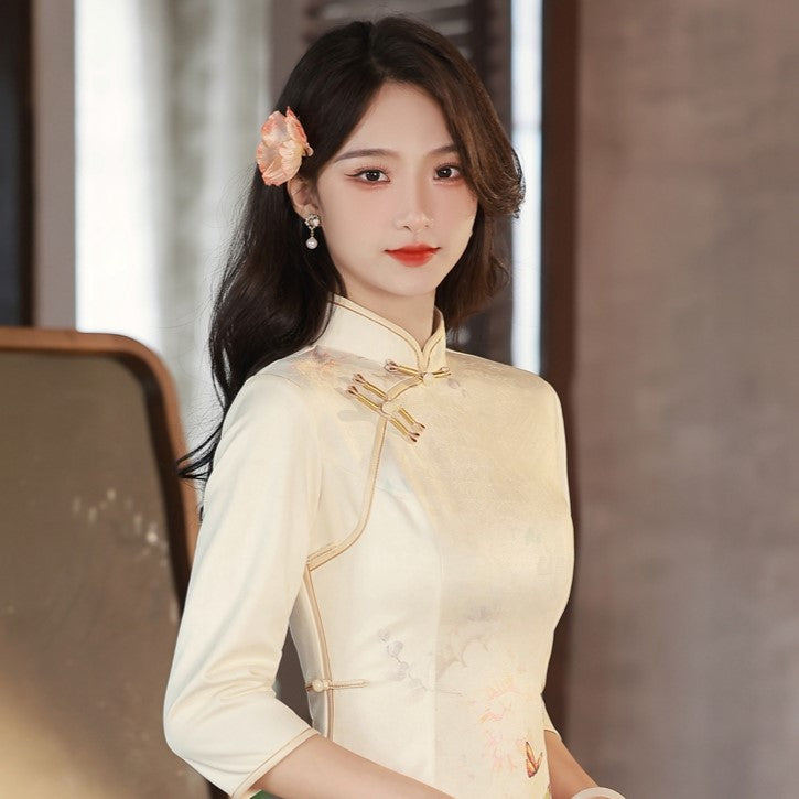 White Cheongsam Maxi Dress Lady Chinese Cheongsam Qipao Long Dress Maxi Chiffon Mandarin Collar Ethnic Slim White Cheongsam Maxi Dress Lady Chinese Cheongsam Qipao Long Dress Maxi Chiffon Mandarin Collar Ethnic Slim