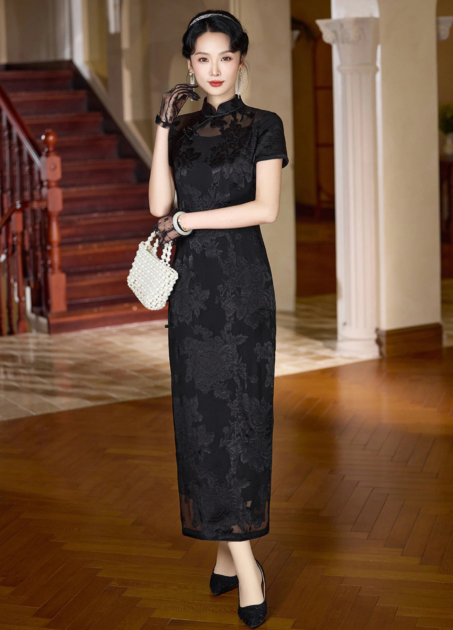 Black Lace Qipao Dress, Long Floral Cheongsam, Fang Black Lace Qipao Dress, Long Floral Cheongsam, Fang