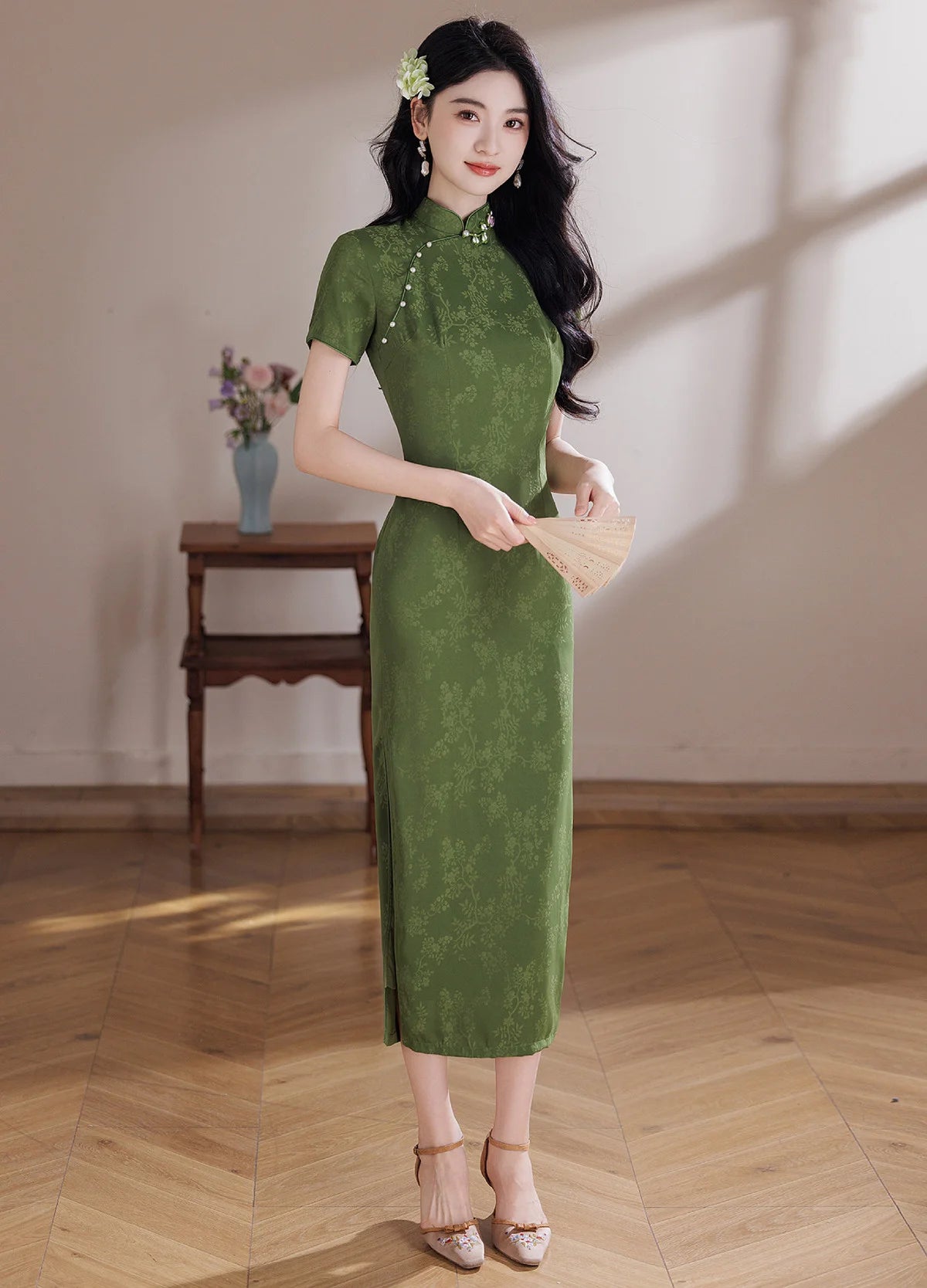 2026 Green Floral Print Cheongsam Qipao Dress S 2026 Green Floral Print Cheongsam Qipao Dress S
