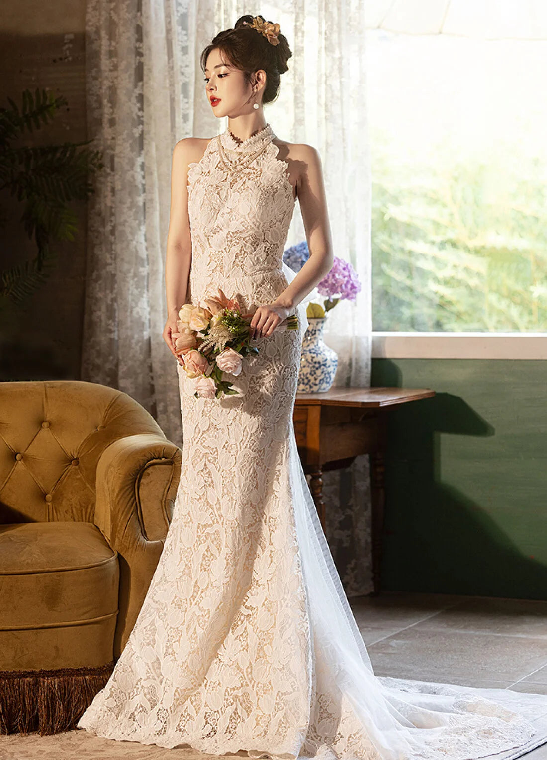 White Lace Qipao Dress, Sleeveless Wedding Cheongsam, Aurora White Lace Qipao Dress, Sleeveless Wedding Cheongsam, Aurora