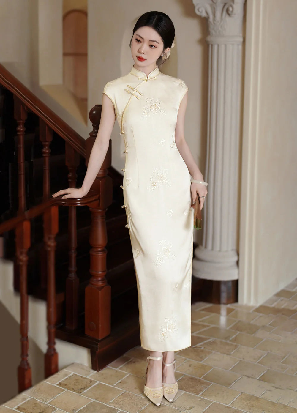 White Satin Qipao Dress, Long Short-Sleeved Cheongsam, Magnolia