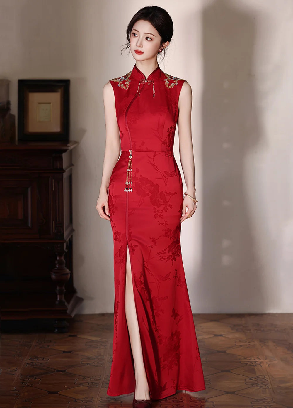 white christmas dresses Peacock Sequin & Lace-Trim Elegant Cheongsam Toasting Dress Wedding Gown Champagne / S main image 0