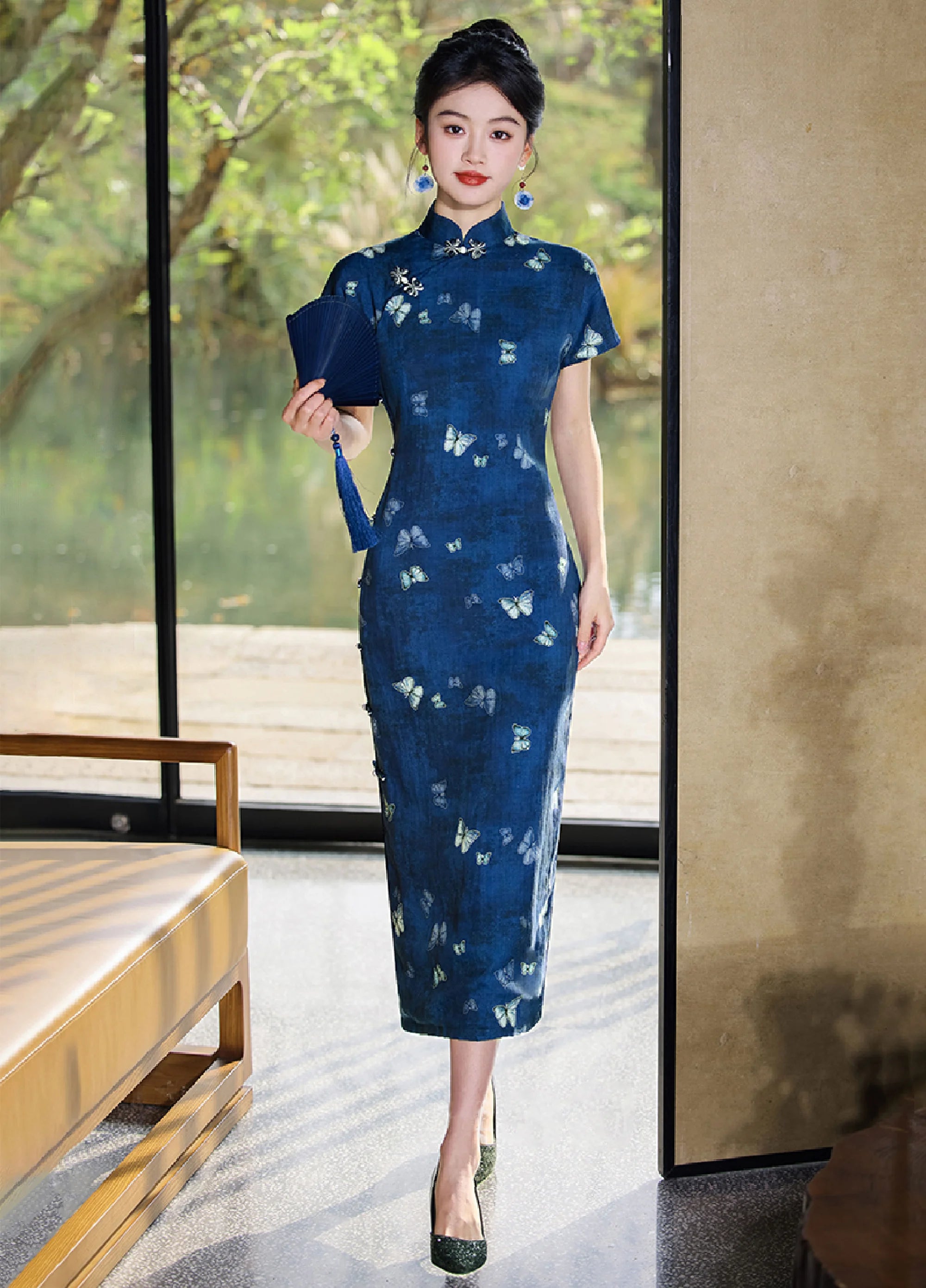 Modern Blue Cheongsam Qipao Dress