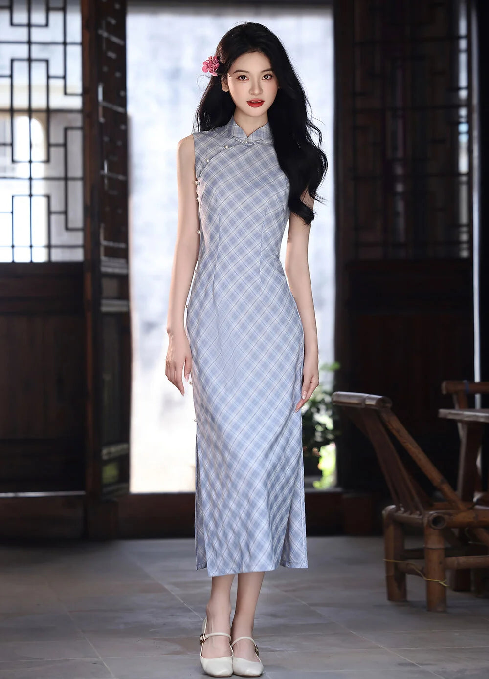 Blue Cotton Qipao Dress, Modern Sleeveless Cheongsam, Plaid Pattern, Chloe Blue Cotton Qipao Dress, Modern Sleeveless Cheongsam, Plaid Pattern, Chloe