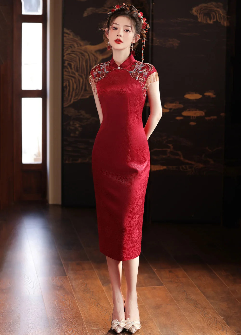 Red Satin Qipao Dress, Modern Wedding Cheongsam, Gigi Red Satin Qipao Dress, Modern Wedding Cheongsam, Gigi