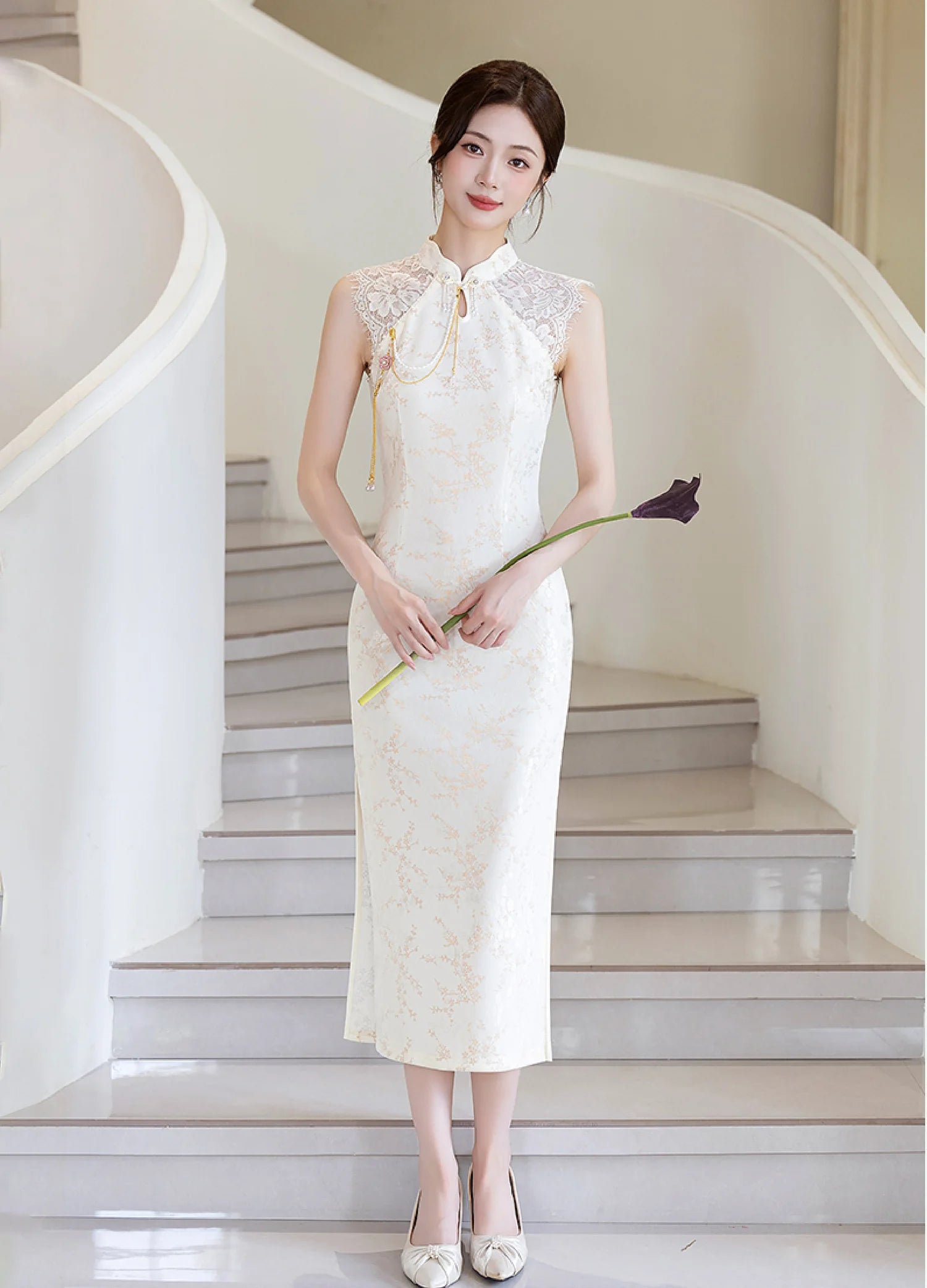 White Satin Qipao Dress, Modern Sleeveless Cheongsam, Luna White Satin Qipao Dress, Modern Sleeveless Cheongsam, Luna