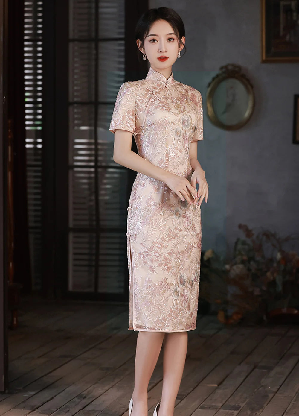 Pink Lace Cheongsam Qipao Dress
