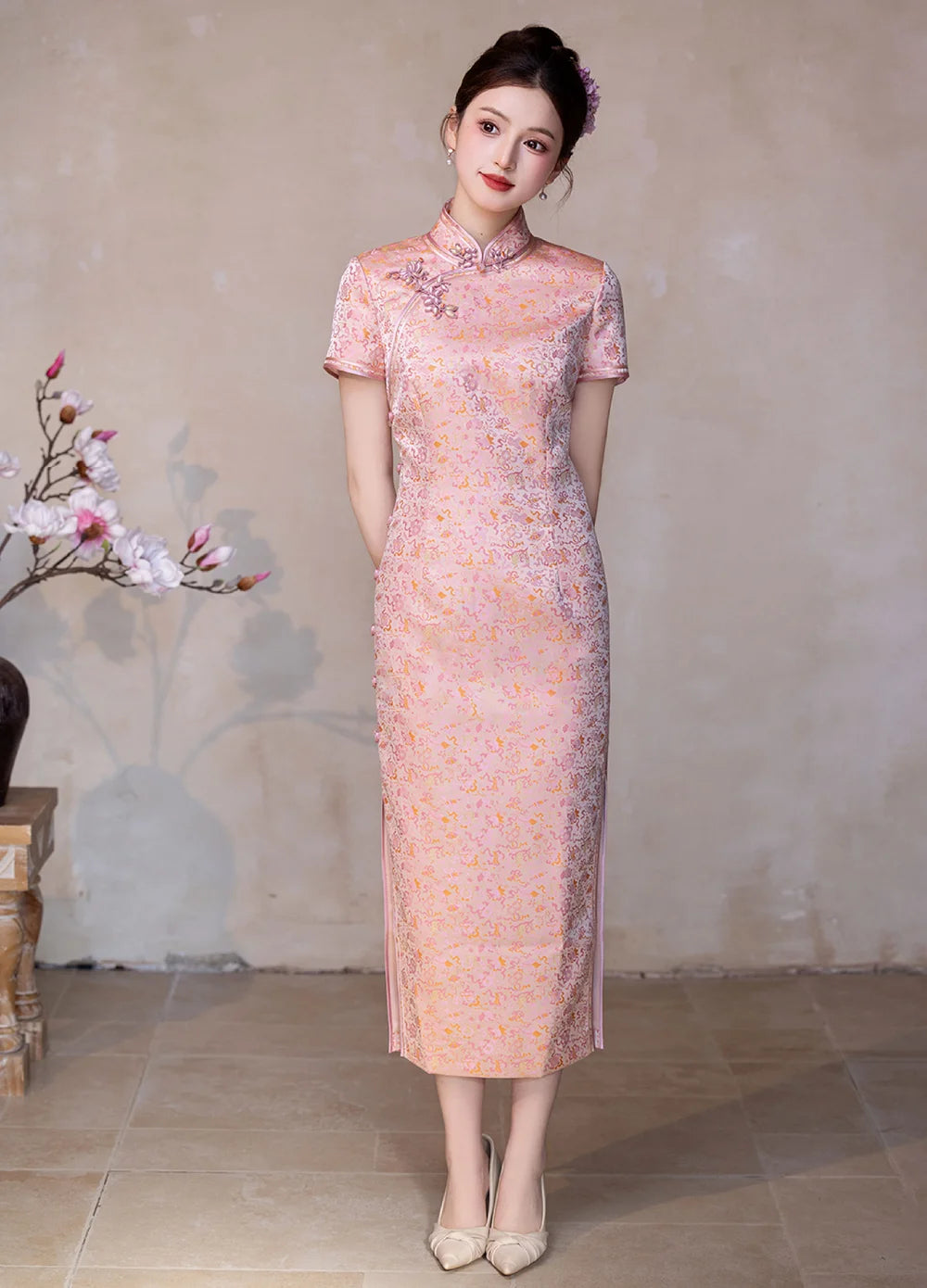 Pink Silk Qipao Cheongsam Dress - Main Image