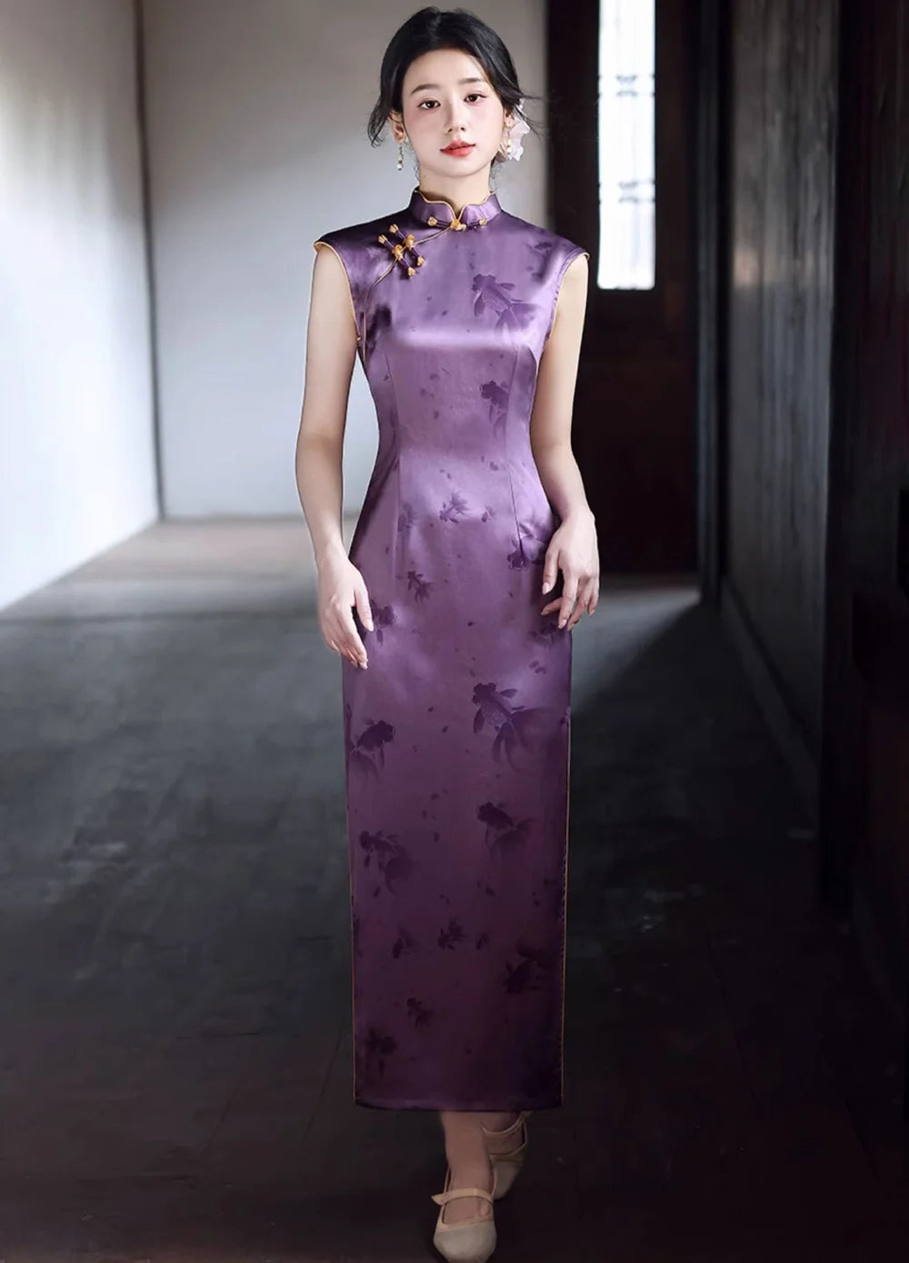 Purple Satin Qipao Dress, Long Modern Cheongsam, Violette Purple Satin Qipao Dress, Long Modern Cheongsam, Violette