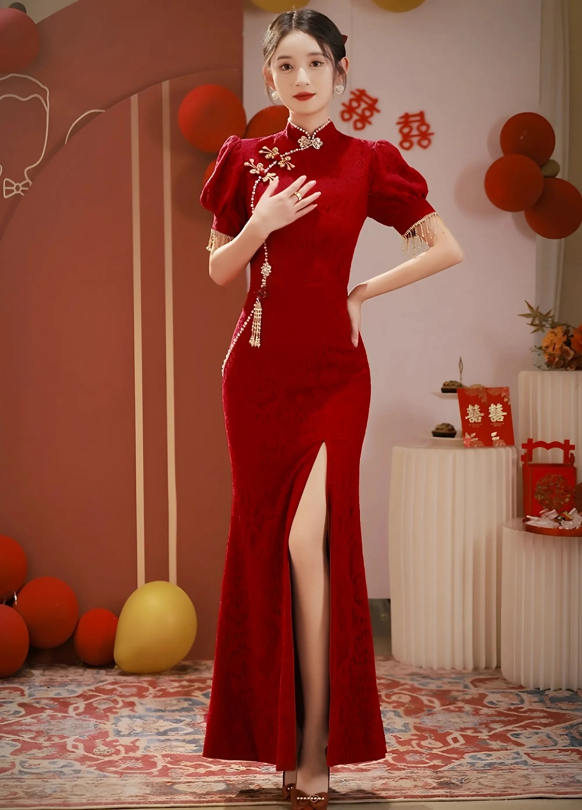 cheongsam red dress Red Lace Qipao Dress, Mermaid Wedding Cheongsam, Evelina