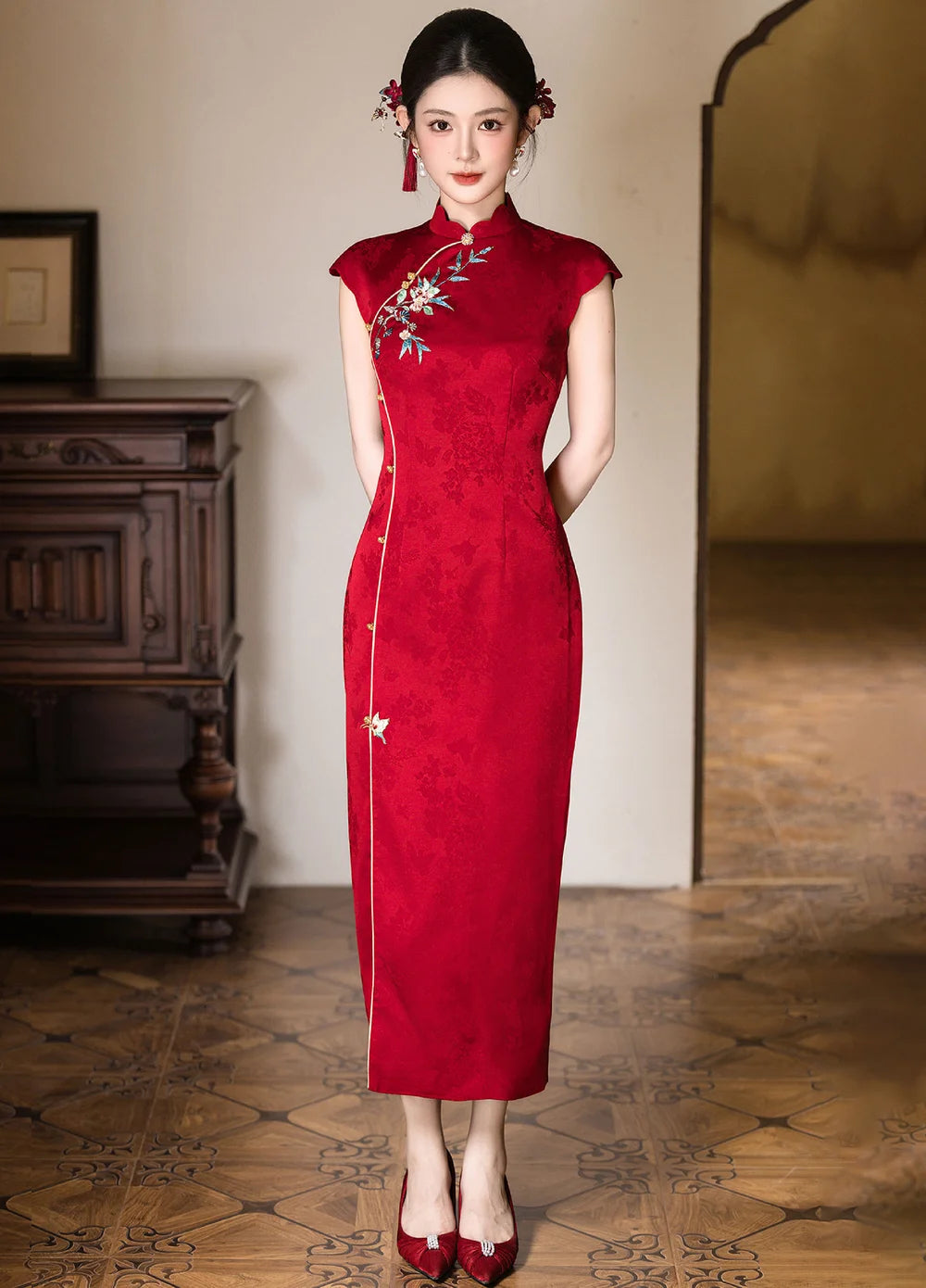 cheongsam wedding dress Red Embroidered Wedding Bridal Qi Pao Cheongsam Dress