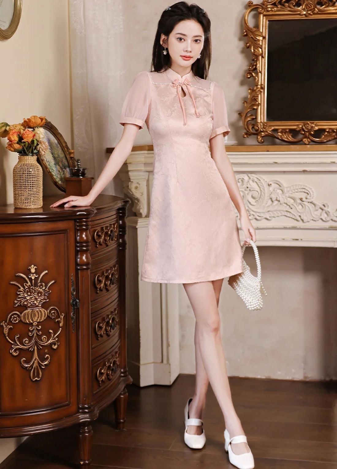 Pink Jacquard Qipao Dress, Short Modern Cheongsam, Daisy Pink Jacquard Qipao Dress, Short Modern Cheongsam, Daisy