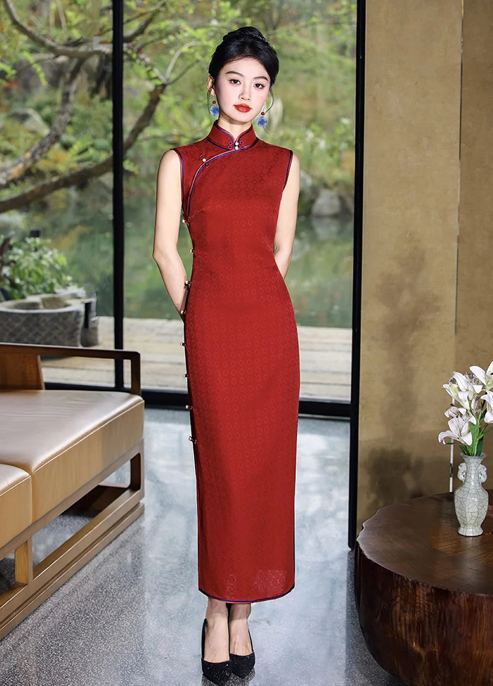 strapless open back dress Red Silk Cheongsam