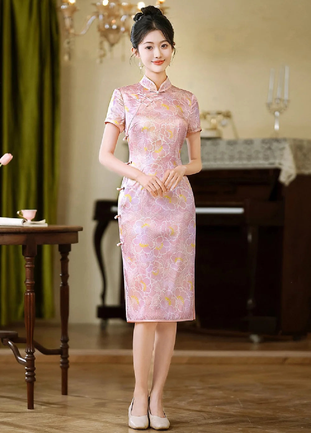 Pink Silk Qipao Dress, Modern Knee-Length Cheongsam, Ilyana Pink Silk Qipao Dress, Modern Knee-Length Cheongsam, Ilyana