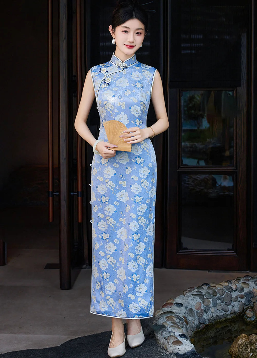 Blue Silk Qipao Dress, Long Sleeveless Floral Cheongsam, Giselle Blue Silk Qipao Dress, Long Sleeveless Floral Cheongsam, Giselle