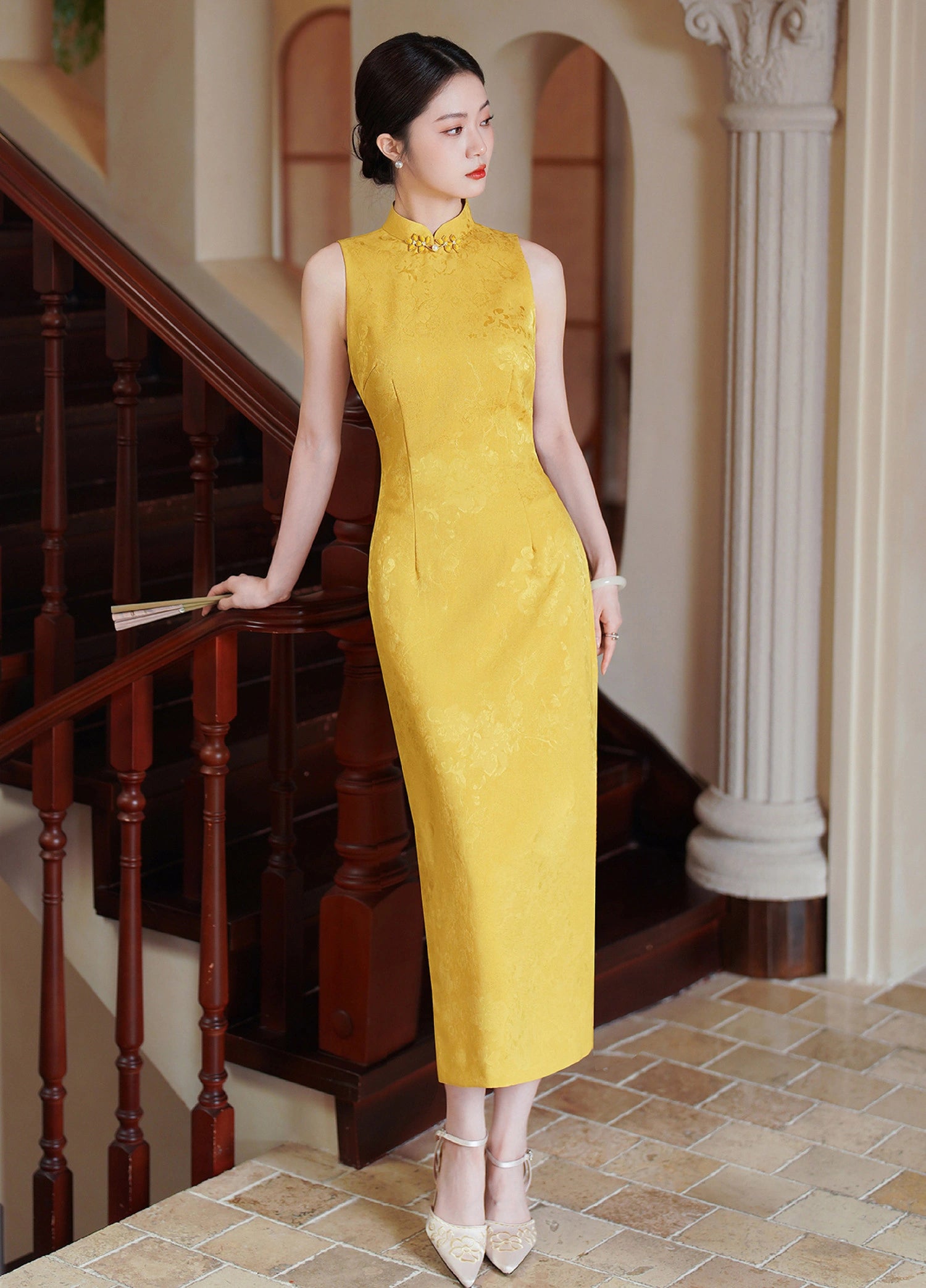 yellow sleeveless dress Yellow Satin Qipao Dress, Modern Sleeveless Cheongsam, Jenna