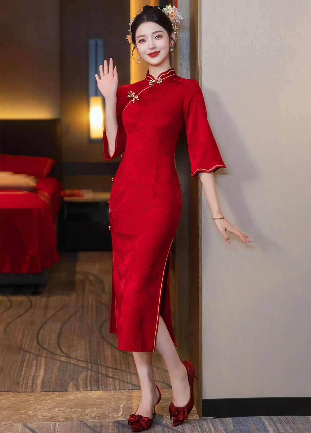 Red long-sleeved Qipao dress