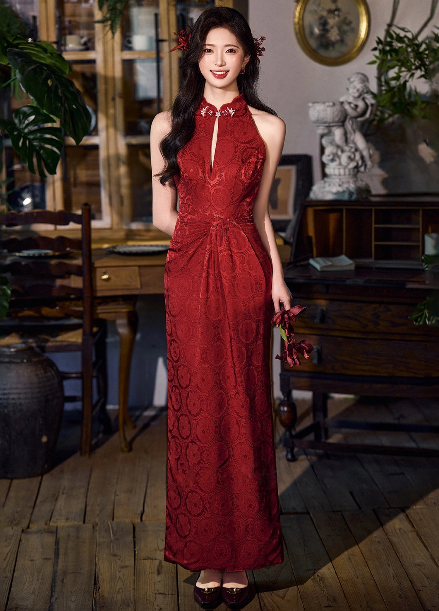 Red Modern Qipao Dress, Long Sleeveless Cheongsam, Emma